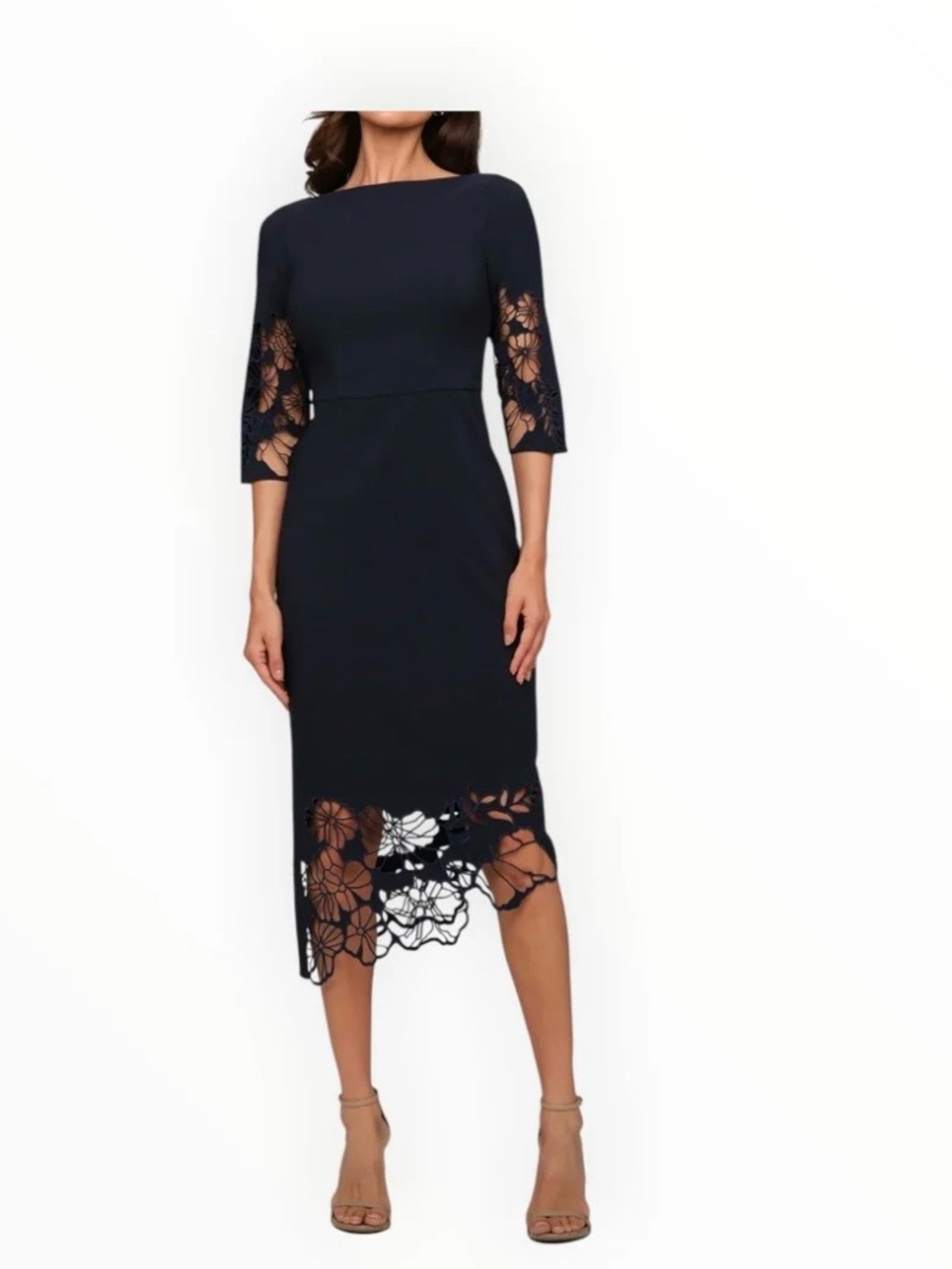 Kay Unger Navy Floral Lace Midi Dress